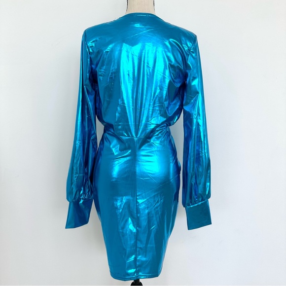 BuddyLove Cyrus Metallic V Neck Long Sleeve Mini Dress in Cyan - Picture 7 of 10